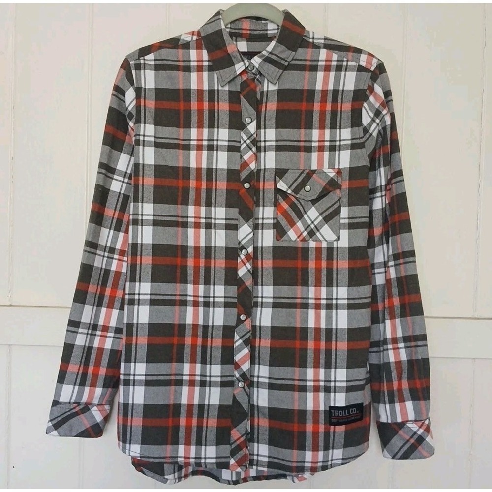 Troll Clothing Co Shirt Palmer Flannel Pearl Snap Women's Medium Red Gray Plaid